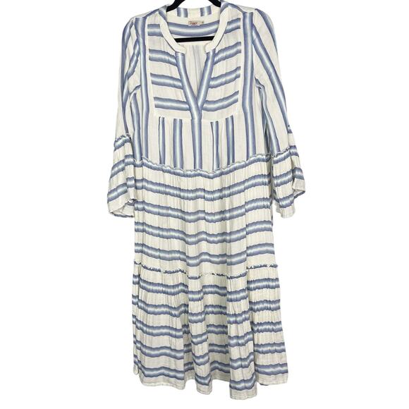 Faherty Small Cream Blue Striped Dream Cotton Gauze Vidi Midi Dress Long Sleeve - Picture 1 of 15
